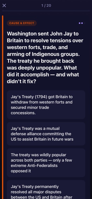 A Blitz study card asking about Jay's Treaty, with multiple-choice answers